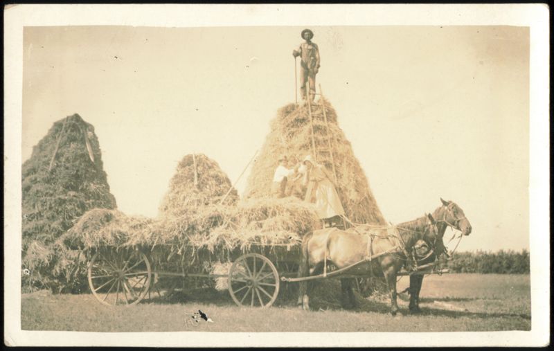 Joe and Anna Leifgen Stacking Grain on Farm Farming