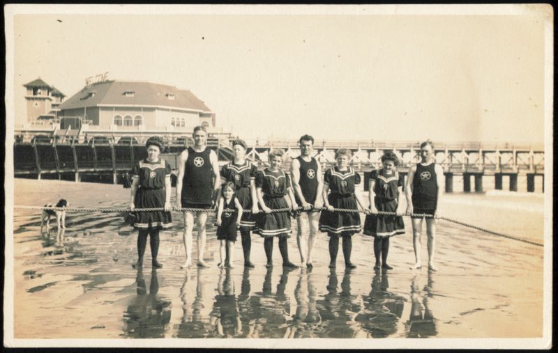 1910 Group of People Holding a Rope on the Beach Long Beach California