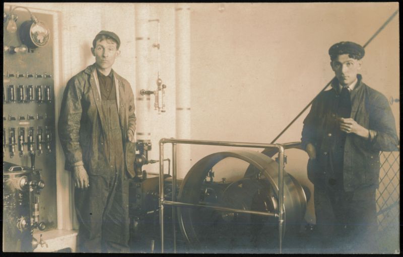 Two Men Working in Industrial Engine Room, 1912 Great Lakes Michigan