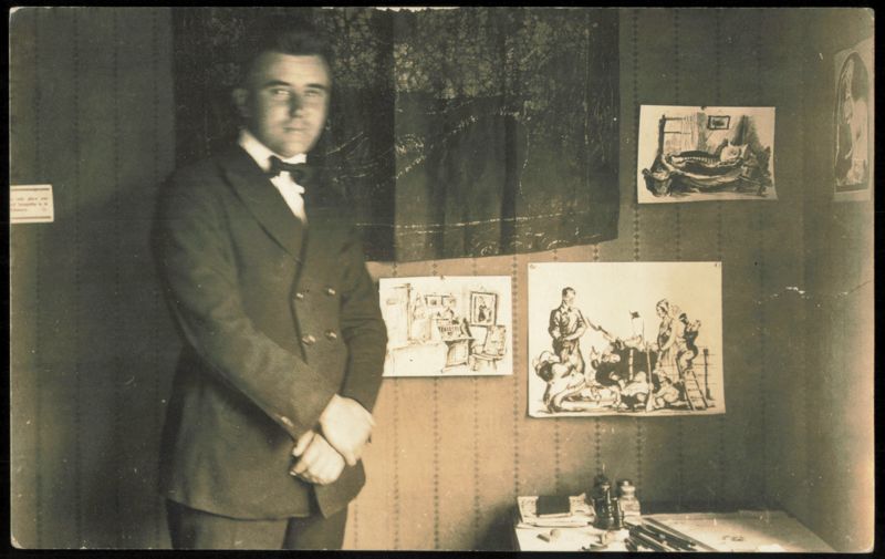 Adolf Dehn with Drawings on Wall, 1919 Handwritten Note