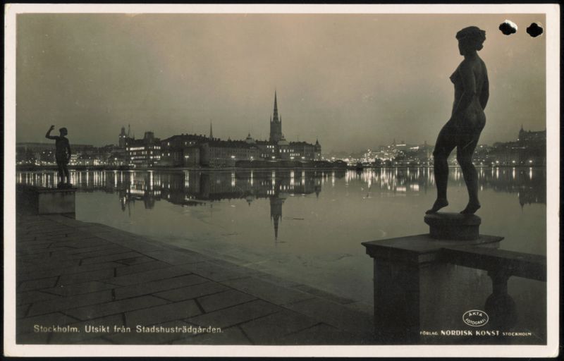 Stockholm City Hall Garden Statues at Night Sweden