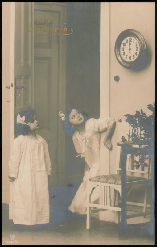 Two Girls in Nightgowns with Clock, Happy New Year Greeting