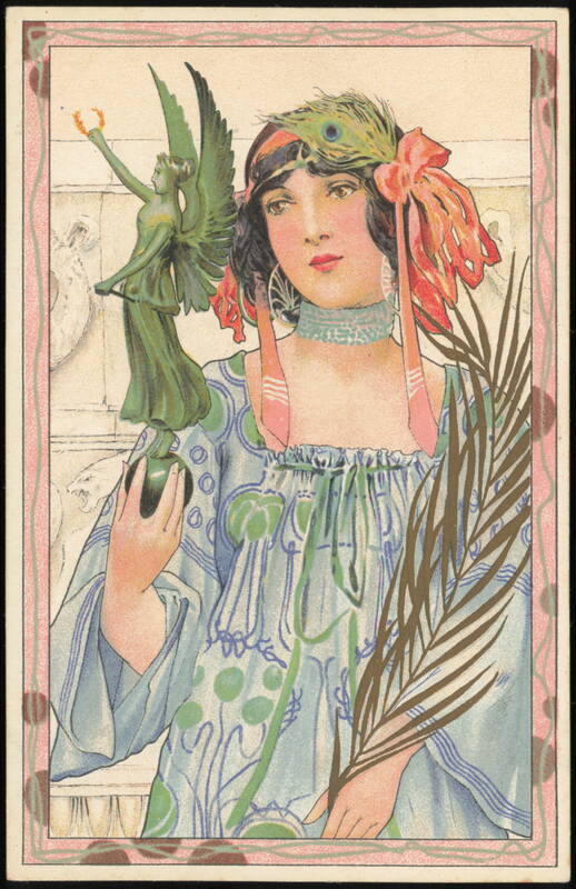 Art Nouveau Woman with Peacock Feather and Winged Statue