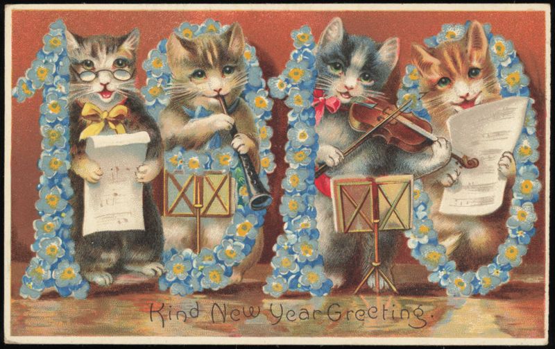 HTL 1910 Cats Playing Instruments Kind New Year Greeting