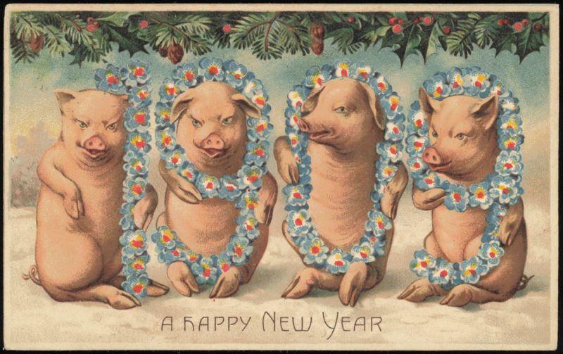 HTL 1909 Four Pigs Wearing Flower Garlands A Happy New Year