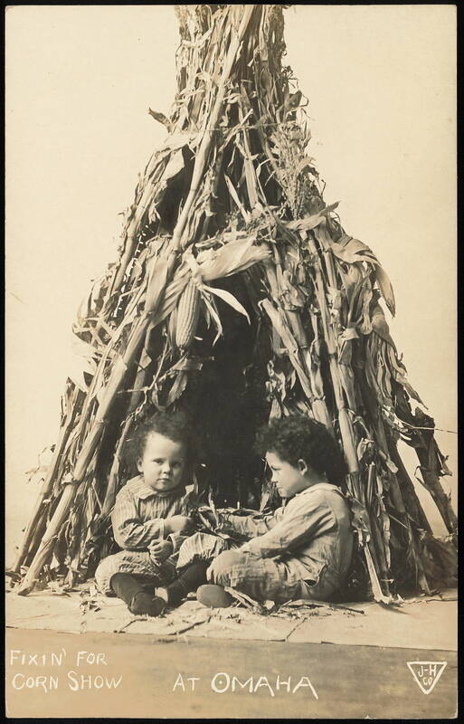 Children in Corn Stalk Teepee, Fixin' for Corn Show Omaha Nebraska