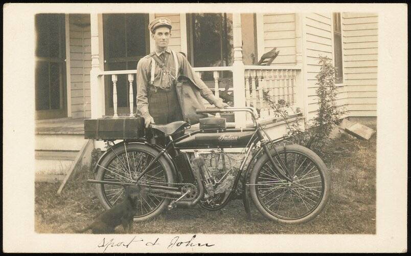 Mailman with Indian Motorcycle and Dog, Baileyville, Kansas
