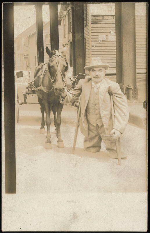 Amputee with Crutches Standing Beside his Horse & Cart