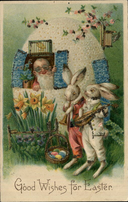 Easter Greeting with Bunnies Playing Music and Gnome