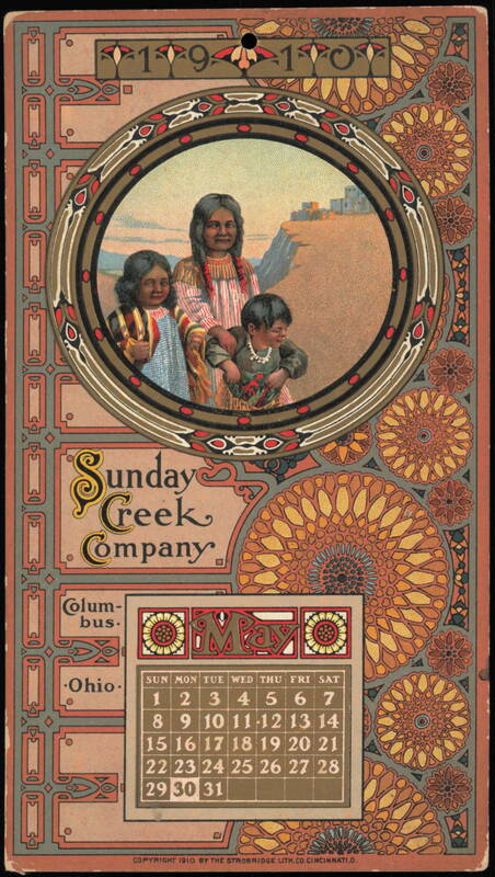 1910 Sunday Creek Company Calendar Native American Art Columbus Ohio