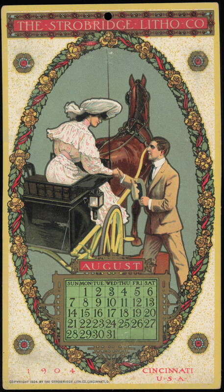 1904 August Calendar with Horse and Carriage Illustration