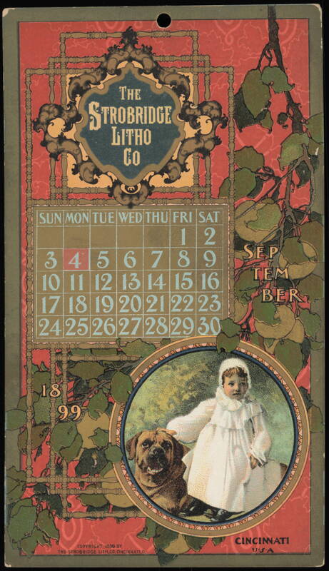 1899 September Calendar with Child and Dog Illustration Cincinnati Ohio