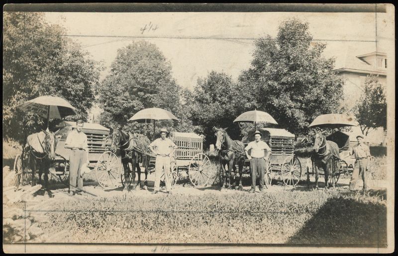 Four Men with Horse-Drawn Wagons and Umbrellas Children