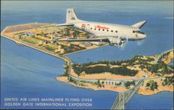 United Air Lines Mainliner Over Golden Gate Exposition Postcard