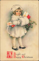 Girl in White Fur Coat with Christmas Gifts and Holly Postcard