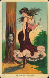 An Owling Surprise, Woman and Owl in Tree Illustration Postcard