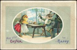 Easter Bunny and Chick Having Dinner Postcard