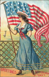 Woman in Sailor Dress Holding American Flag Memorial Day Postcard