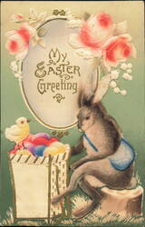 Easter Greeting with Rabbit, Chick, and Basket of Eggs Postcard