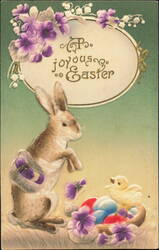 Joyous Easter Rabbit with Chick and Eggs Postcard