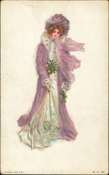 Woman in Purple Coat with Holly Sprigs Postcard