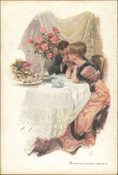 Couple Dining with Roses and Fruit Postcard