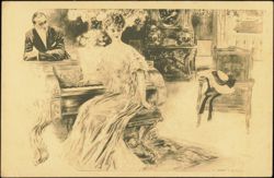 Woman Playing Piano with Man Watching, Henry Hutt Art Postcard