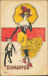 Kidnapped, Fashionable Woman with Tiny Man in Top Hat Postcard