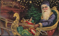 Santa Claus in Sleigh with Toys and Christmas Tree Postcard