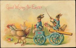 Easter Bunnies in Military Uniforms with Cannon and Hens Postcard
