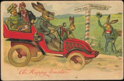 Easter Bunnies Driving Red Automobile to Atchison Postcard