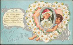 Cupid Holding Mirror with Daisy Heart Frame Valentine Postcard