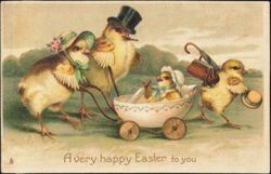 Easter Chicks with Baby in Carriage Postcard