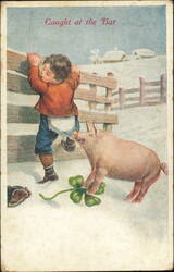 Caught at the Bar, Boy and Pig with Four-Leaf Clover Postcard