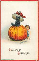 Black Cat in Hat on Pumpkin, Halloween Greetings Postcard