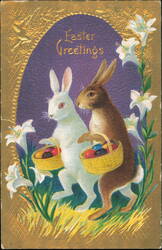 Easter Greetings with Two Rabbits and Easter Lilies Postcard