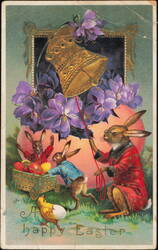 Happy Easter Bunnies with Gold Bell and Chicks Postcard