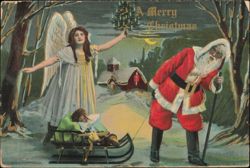 Angel and Santa Claus Sleigh Ride Christmas Greeting Postcard