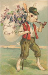 Easter Greeting Rabbit with Pipe and Flowers Postcard