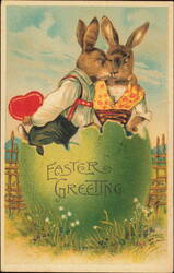 Easter Greeting with Two Dressed Bunnies in Egg Postcard