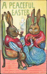 A Peaceful Easter Rabbits Smoking Pipe and Knitting Postcard