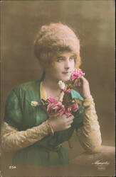 Elegant Woman Holding Pink Roses, Portrait Postcard