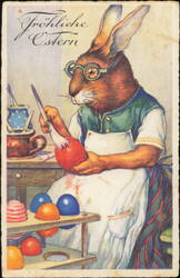 Easter Bunny Painting Eggs with Glasses Postcard