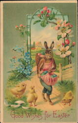 Easter Bunny with Chicks and Eggs in Garden Postcard