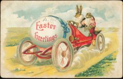 Easter Greetings with Rabbits Driving a Car Postcard