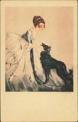 Elegant Woman with Black Dog Illustration Postcard