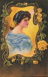 Woman with Yellow Roses in Ornate Frame, Soapine Advertising Postcard