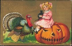 A Joyous Thanksgiving Girl with Turkey and Jack-o'-Lantern Postcard