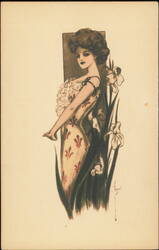 Elegant Woman with Irises Art Nouveau Illustration Postcard