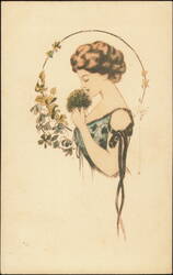 Woman Smelling Flowers Art Nouveau Illustration Postcard